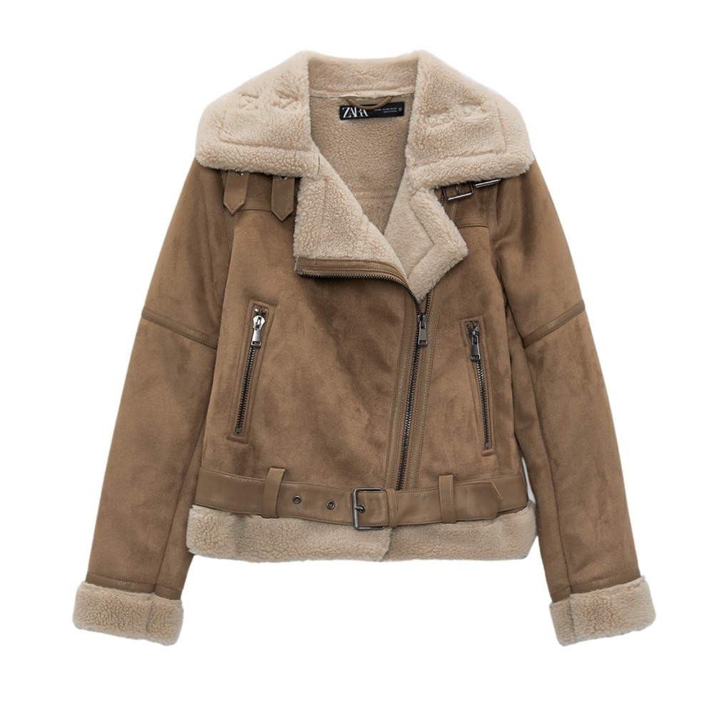 Zara Double Faced Shearling Lined Moto Jacket. Size: L